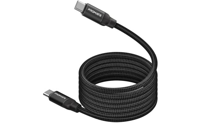 Promate Springy USB-C to USB-C Premium Magnetic Self-Organizing Cable with 60W Power Delivery and 120cm Durable Nylon Braided Sync and Charge Cable, Reversible Connectors, Thick Copper Core - Black